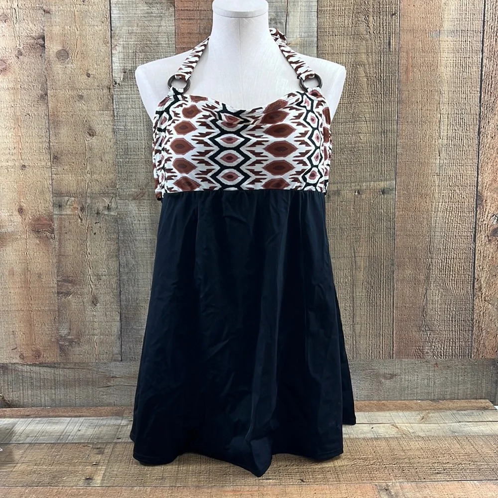Contour By Beach Scene Black Tan Patterned‎ Halter One Piece Swimsuit Womens 16